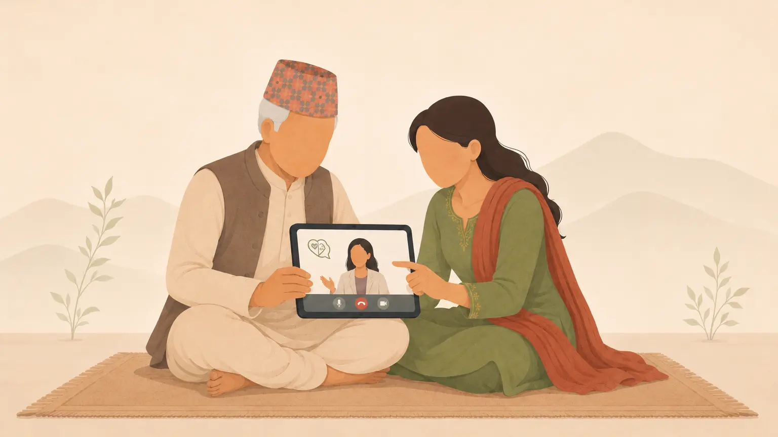 Illustration of two people using a tablet for a remote mental health consultation